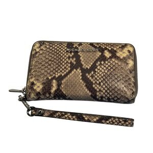 Michael Kors Wristlet Wallet Brown Snakeskin Python Embossed Leather Zip Around